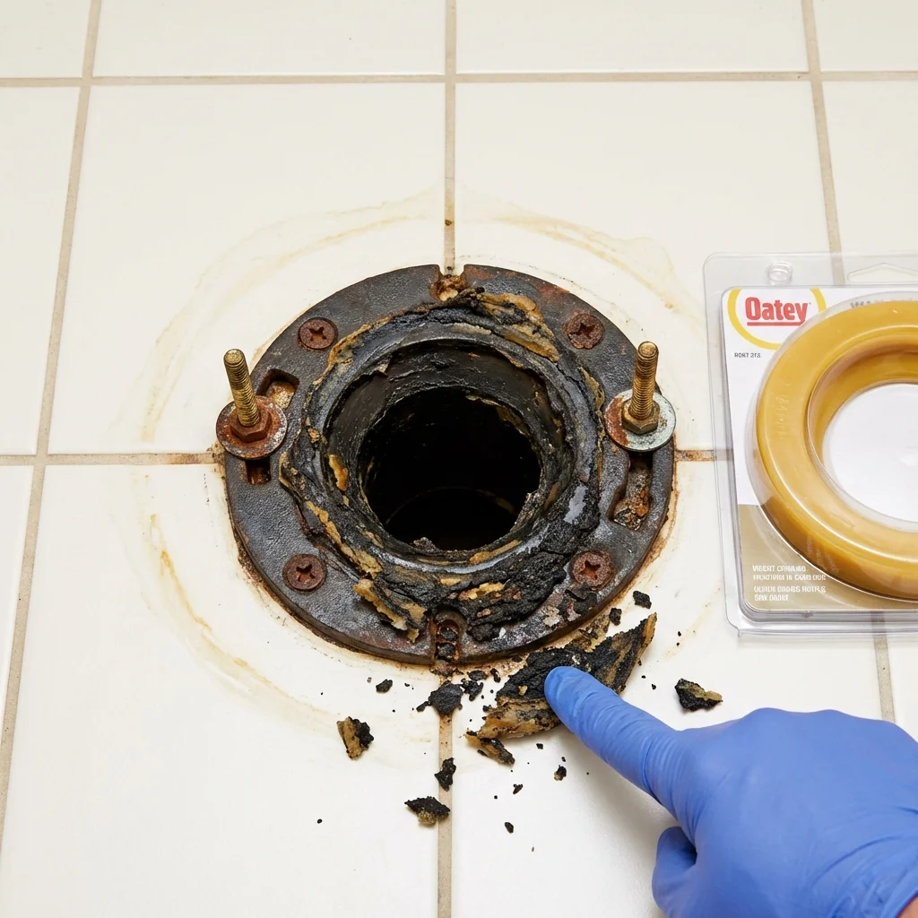 Failed wax ring showing water seepage at the base of a toilet in a Warren, MI home