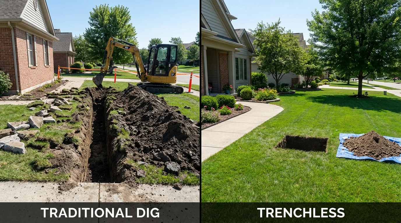 Trenchless sewer repair with minimal yard damage versus traditional excavation in Warren, MI
