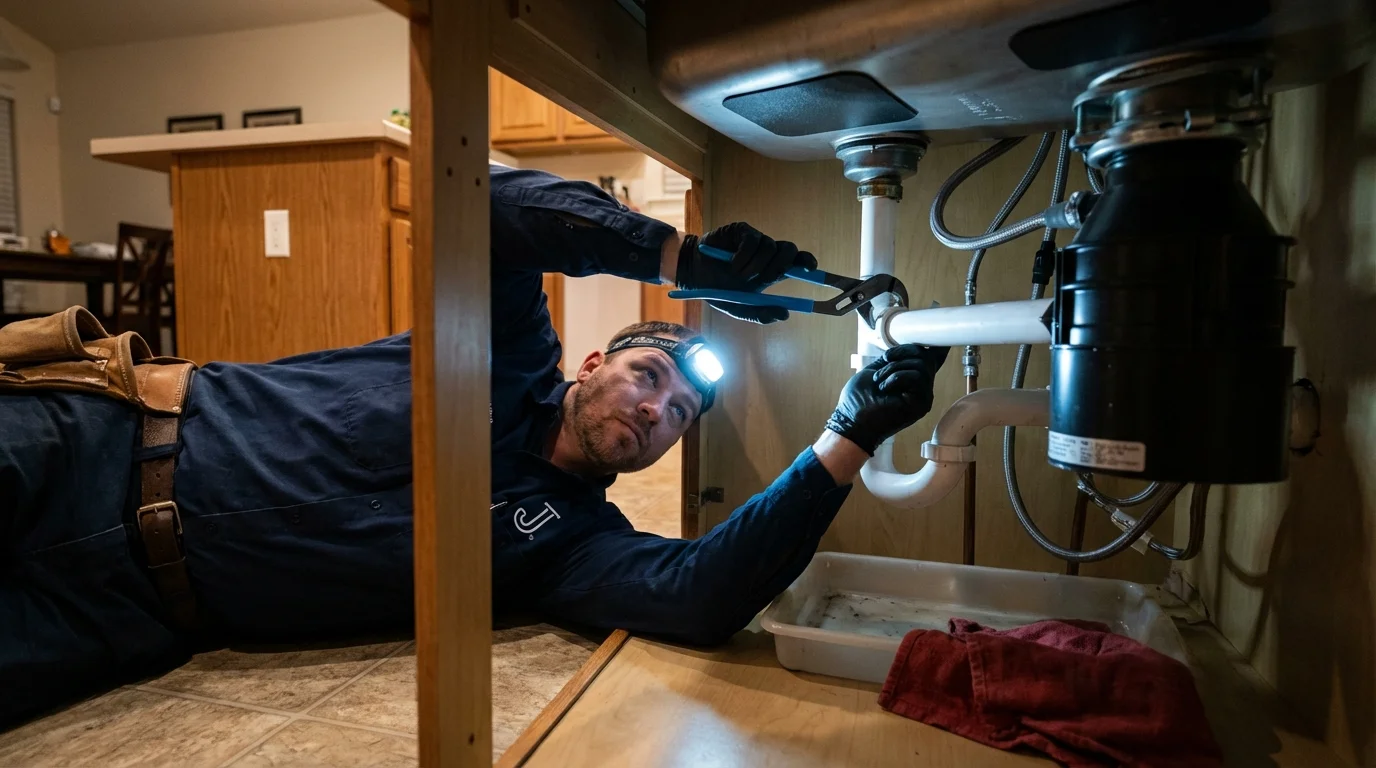 P-trap and supply line connections under a kitchen sink showing a common leak point in Warren, MI